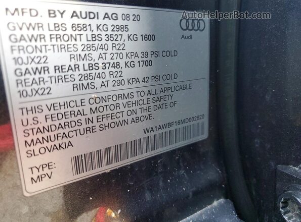 WA1AWBF16MD002620 2021 AUDI SQ8 Gray VIN კოდის სტიკერის ხედი