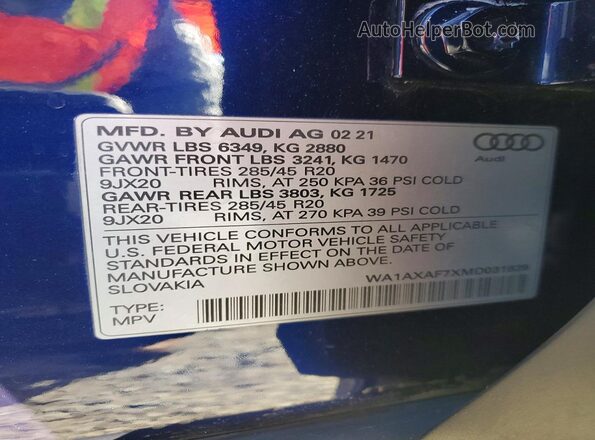 WA1AXAF7XMD031839 2021 AUDI Q7 Blue VIN կոդի պիտակի տեսք