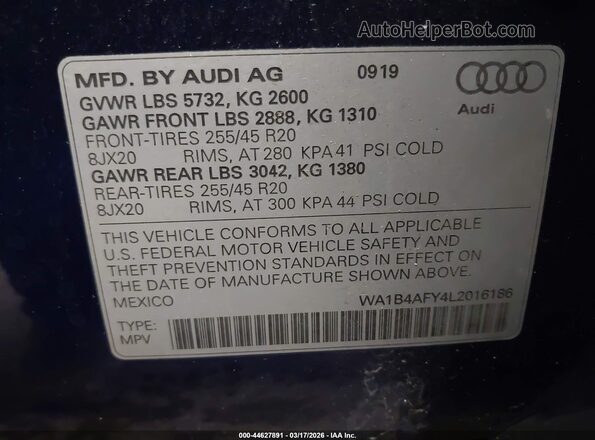 WA1B4AFY4L2016186 2020 AUDI SQ5 Blue Widok komory silnika