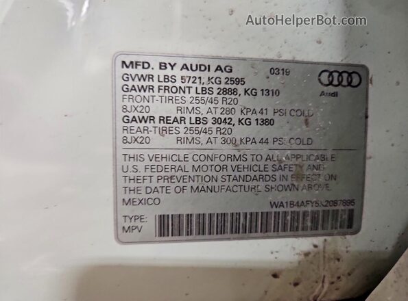 WA1B4AFY5K2087895 2019 AUDI SQ5 Белый Вид наклейки с VIN-кодом