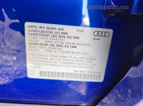 WA1B4AFY8N2045581 2022 AUDI SQ5 Blue Widok naklejki z numerem VIN