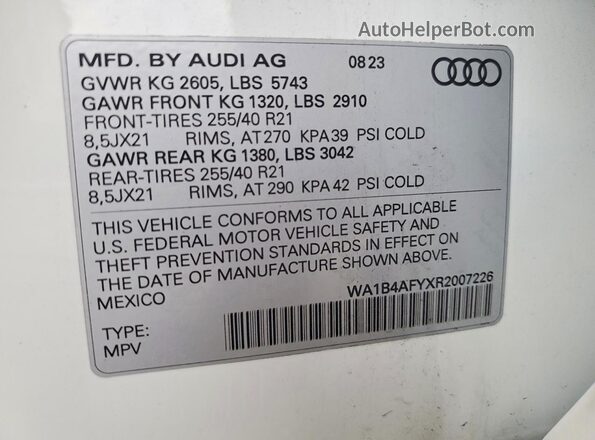 WA1B4AFYXR2007226 2024 AUDI SQ5 White Вид наклейки з VIN-кодом