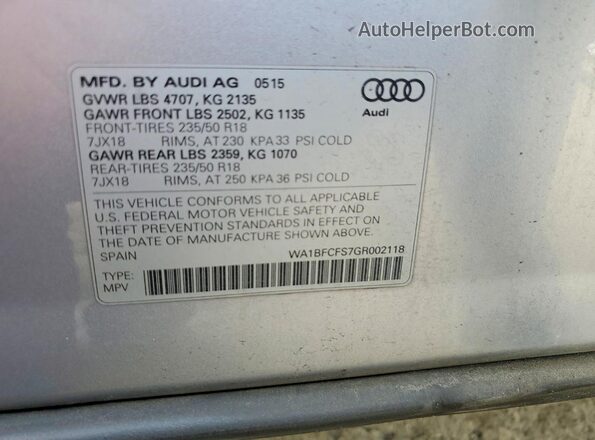 WA1BFCFS7GR002118 2016 AUDI Q3 Silver Widok naklejki z numerem VIN