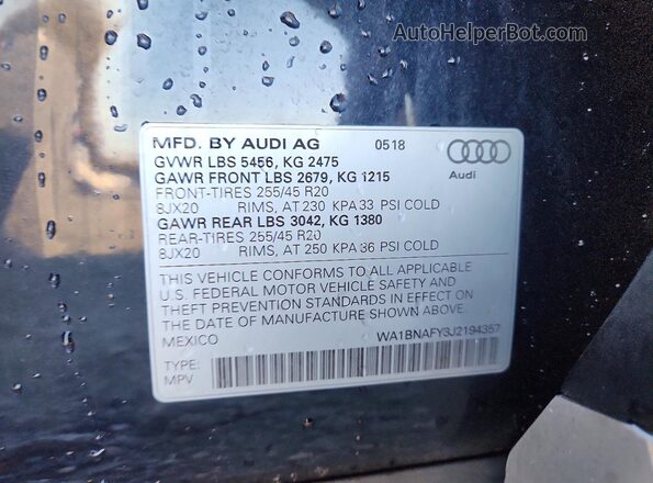 WA1BNAFY3J2194357 2018 AUDI Q5 Black Vista de la etiqueta del VIN