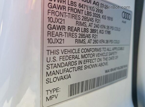 WA1BVAF10LD021910 2020 AUDI Q8 White Вид наклейки з VIN-кодом