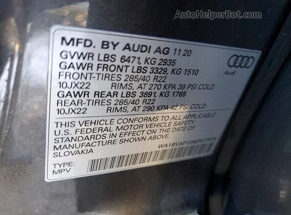 WA1BVAF12MD017875 2021 AUDI Q8 Gray VIN կոդի պիտակի տեսք