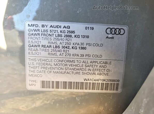 WA1C4AFY9K2058839 2019 AUDI SQ5 Gray Вид наклейки з VIN-кодом