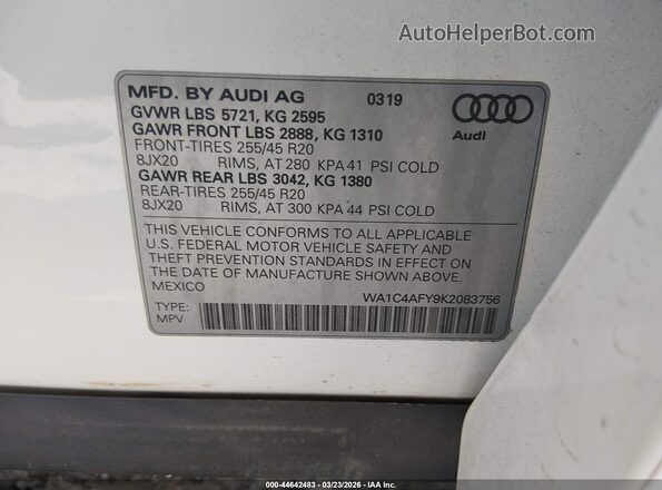 WA1C4AFY9K2083756 2019 AUDI SQ5 White Vista del compartimento del motor