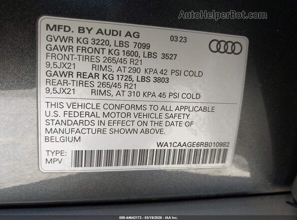WA1CAAGE6RB010982 2024 AUDI Q8 E-TRON Gray VIN კოდის სტიკერის ხედი