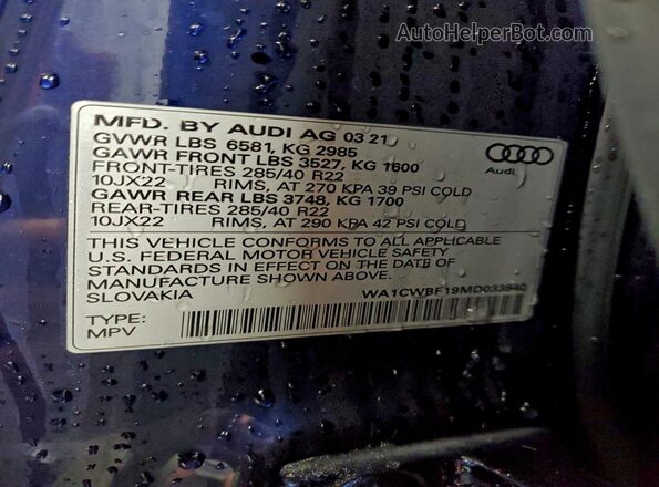 WA1CWBF19MD033840 2021 AUDI SQ8 Blue Շարժիչի բաժամունքի տեսք