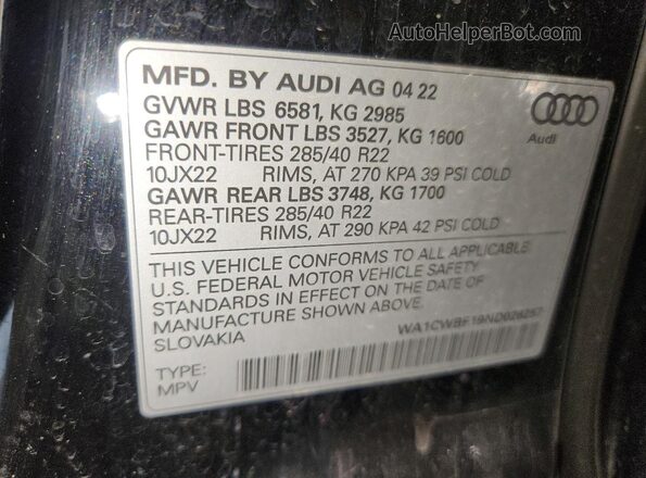 WA1CWBF19ND026257 2022 AUDI SQ8 Black VIN sticker view