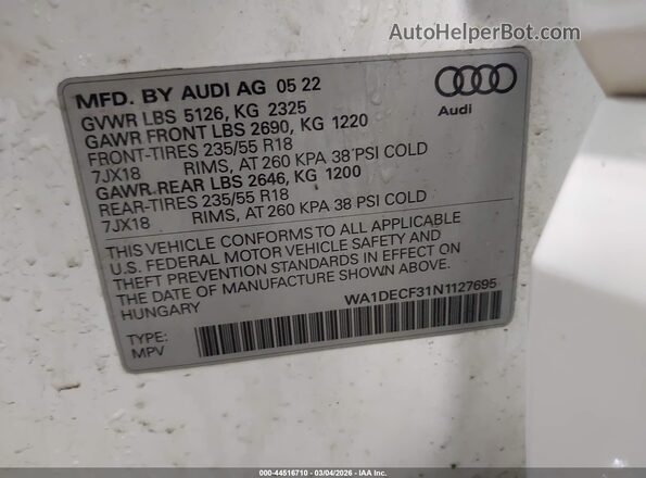 WA1DECF31N1127695 2022 AUDI Q3 White ძრავის განყოფილების ხედი