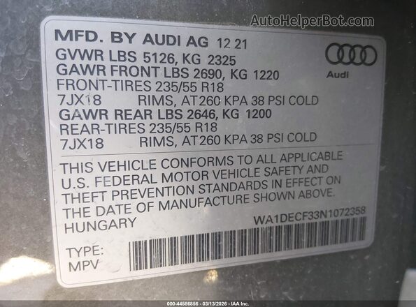 WA1DECF33N1072358 2022 AUDI Q3 Gray Շարժիչի բաժամունքի տեսք