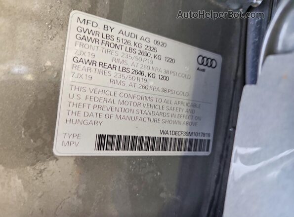 WA1DECF39M1017816 2021 AUDI Q3 Gray VIN sticker view