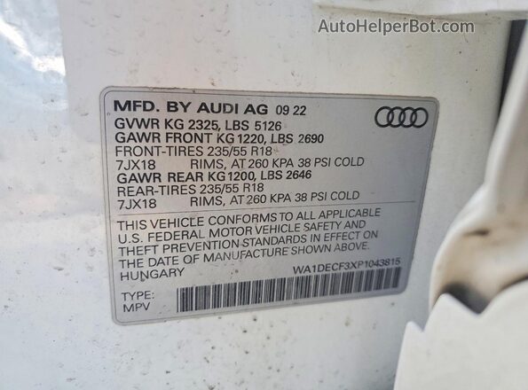 WA1DECF3XP1043815 2023 AUDI Q3 White Вид наклейки з VIN-кодом
