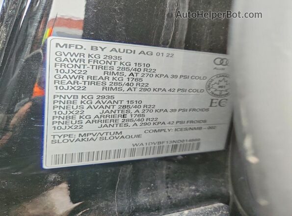 WA1DVBF13ND014869 2022 AUDI Q8 Черный Вид наклейки с VIN-кодом