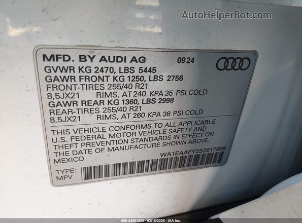 WA1EAAFY2S2017809 2025 AUDI Q5 White Engine compartment view