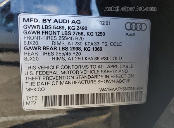 WA1EAAFY5N2045964 2022 AUDI Q5 Black VIN კოდის სტიკერის ხედი