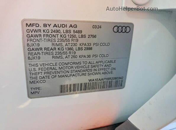 WA1EAAFY6R2080342 2024 AUDI Q5 White 360 interior view