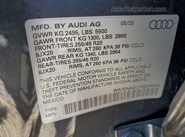 WA1EAAGU7S2074244 2025 AUDI Q5 Серый Вид наклейки с VIN-кодом