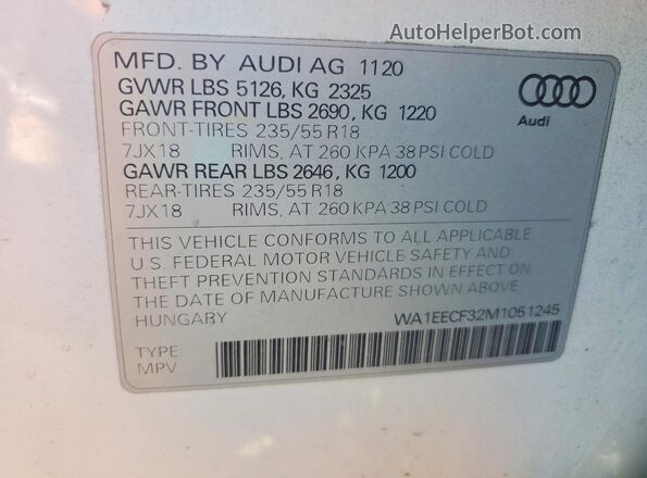 WA1EECF32M1051245 2021 AUDI Q3 White Widok naklejki z numerem VIN
