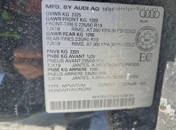 WA1EECF34N1038787 2022 AUDI Q3 Black Vista de la etiqueta del VIN