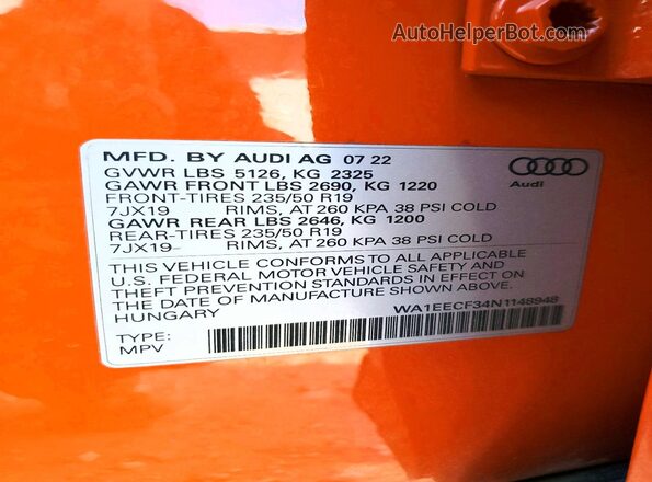 WA1EECF34N1148948 2022 AUDI Q3 Оранжевый Панорамный вид салона 360°