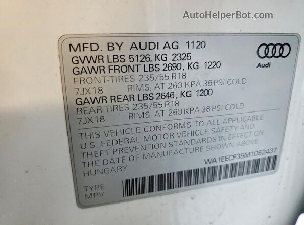 WA1EECF35M1052437 2021 AUDI Q3 White VIN კოდის სტიკერის ხედი