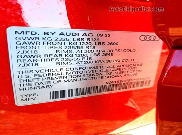 WA1EECF37P1032078 2023 AUDI Q3 Red Widok naklejki z numerem VIN