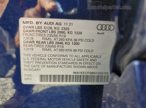 WA1EECF38N1056788 2022 AUDI Q3 Blue ძრავის განყოფილების ხედი