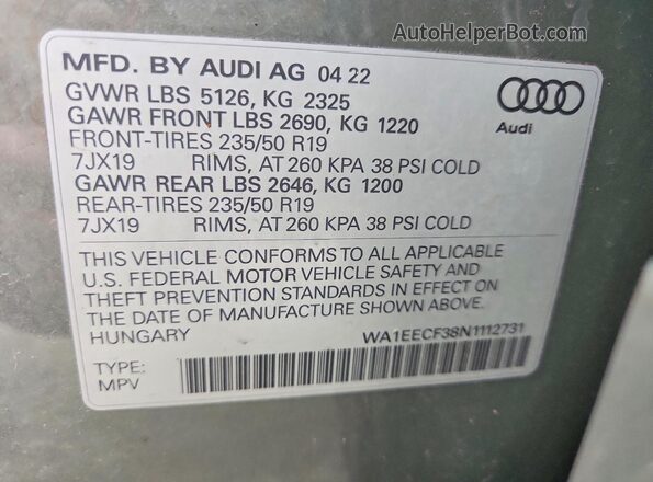 WA1EECF38N1112731 2022 AUDI Q3 Gray Widok naklejki z numerem VIN