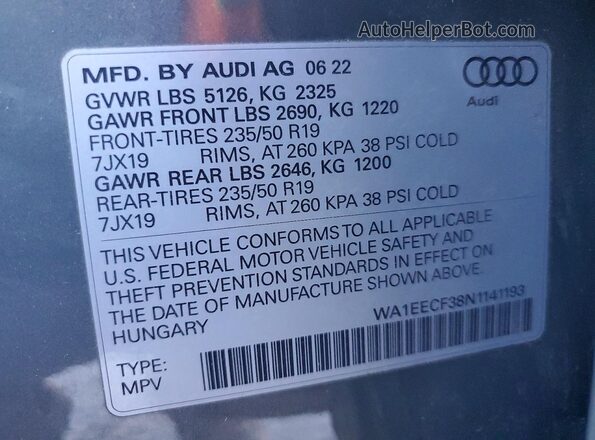 WA1EECF38N1141193 2022 AUDI Q3 Gray Engine compartment view