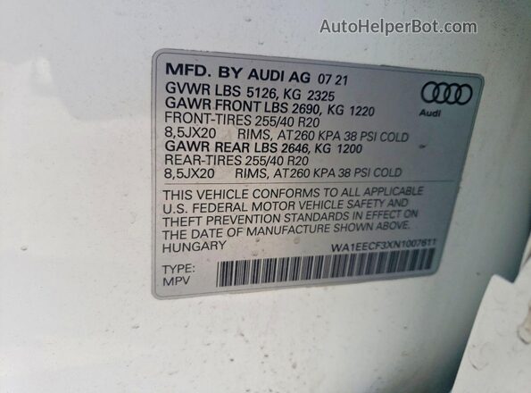 WA1EECF3XN1007611 2022 AUDI Q3 White VIN sticker view