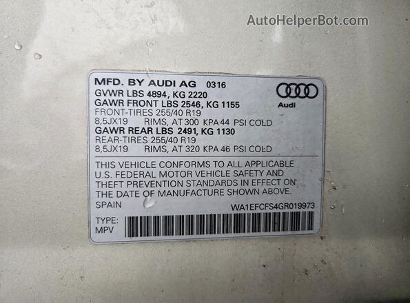 WA1EFCFS4GR019973 2016 AUDI Q3 Silver VIN կոդի պիտակի տեսք