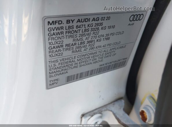WA1EVAF10LD017644 2020 AUDI Q8 White 