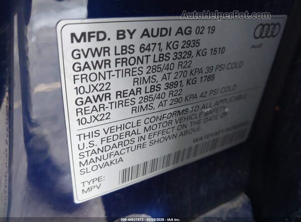 WA1EVAF11KD030532 2019 AUDI Q8 Blue 