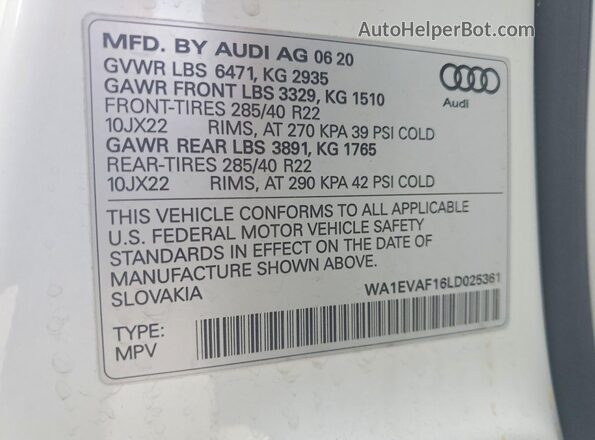 WA1EVAF16LD025361 2020 AUDI Q8 White VIN კოდის სტიკერის ხედი