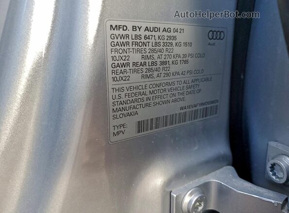 WA1EVAF19MD038025 2021 AUDI Q8 Silver VIN sticker view