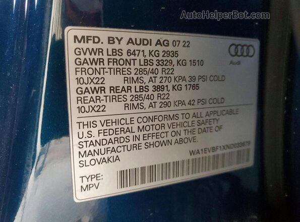 WA1EVBF1XND033679 2022 AUDI Q8 Blue VIN კოდის სტიკერის ხედი