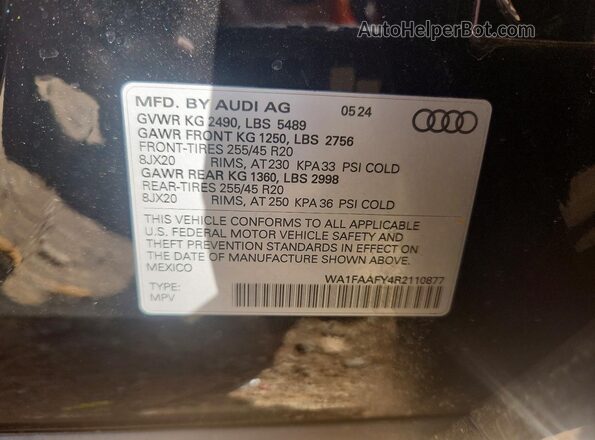 WA1FAAFY4R2110877 2024 AUDI Q5 Black VIN კოდის სტიკერის ხედი