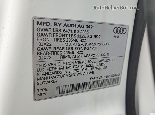 WA1FVAF13MD036579 2021 AUDI Q8 White 