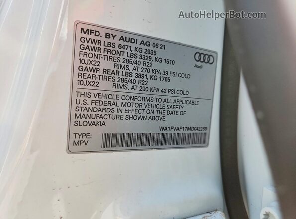 WA1FVAF17MD042269 2021 AUDI Q8 White VIN კოდის სტიკერის ხედი