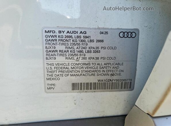 WA1G2AFY9S2065779 2025 AUDI Q5 Белый Вид наклейки с VIN-кодом