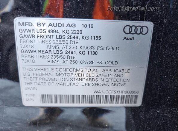 WA1JCCFSXHR008856 2017 AUDI Q3 Black Vista de la etiqueta del VIN