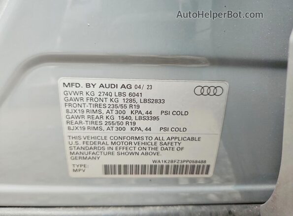 WA1K2BFZ3PP058488 2023 AUDI Q4 Серый Вид наклейки с VIN-кодом