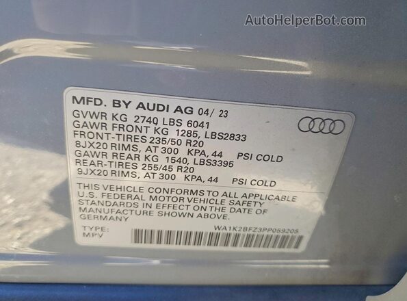 WA1K2BFZ3PP059205 2023 AUDI Q4 Gray VIN კოდის სტიკერის ხედი