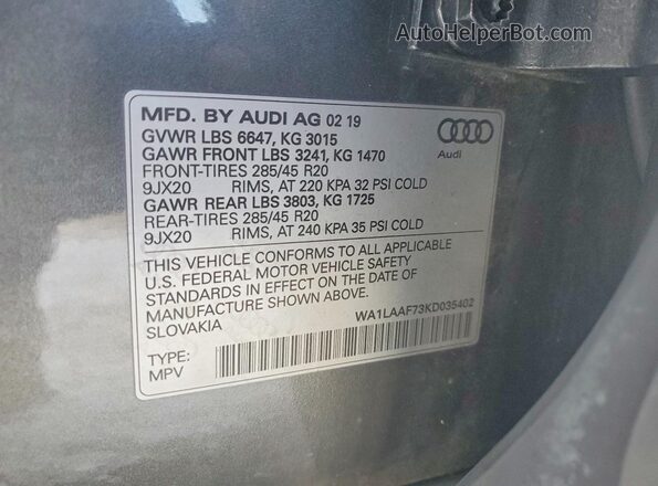WA1LAAF73KD035402 2019 AUDI Q7 Gray 