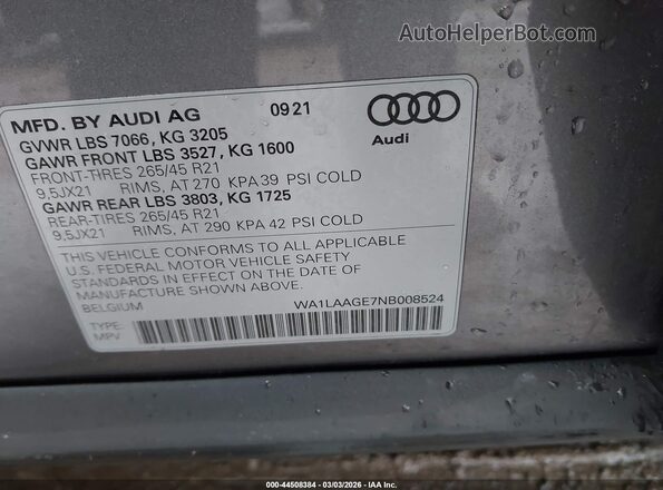 WA1LAAGE7NB008524 2022 AUDI E-TRON Gray Вид підкапотного простору