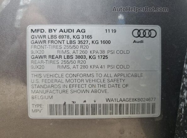 WA1LAAGE8KB024677 2019 AUDI E-TRON Gray 