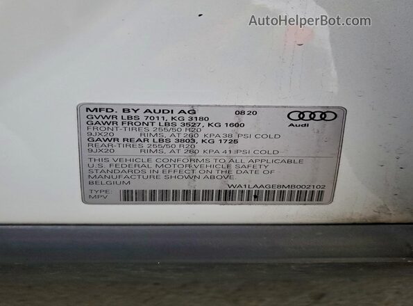 WA1LAAGE8MB002102 2021 AUDI E-TRON Белый Панорамный вид салона 360°